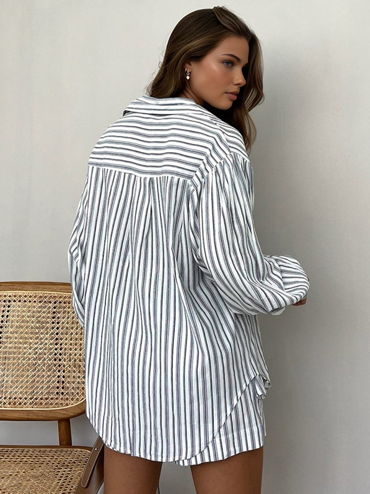 Oversized Striped Pockets Casual Shorts Set