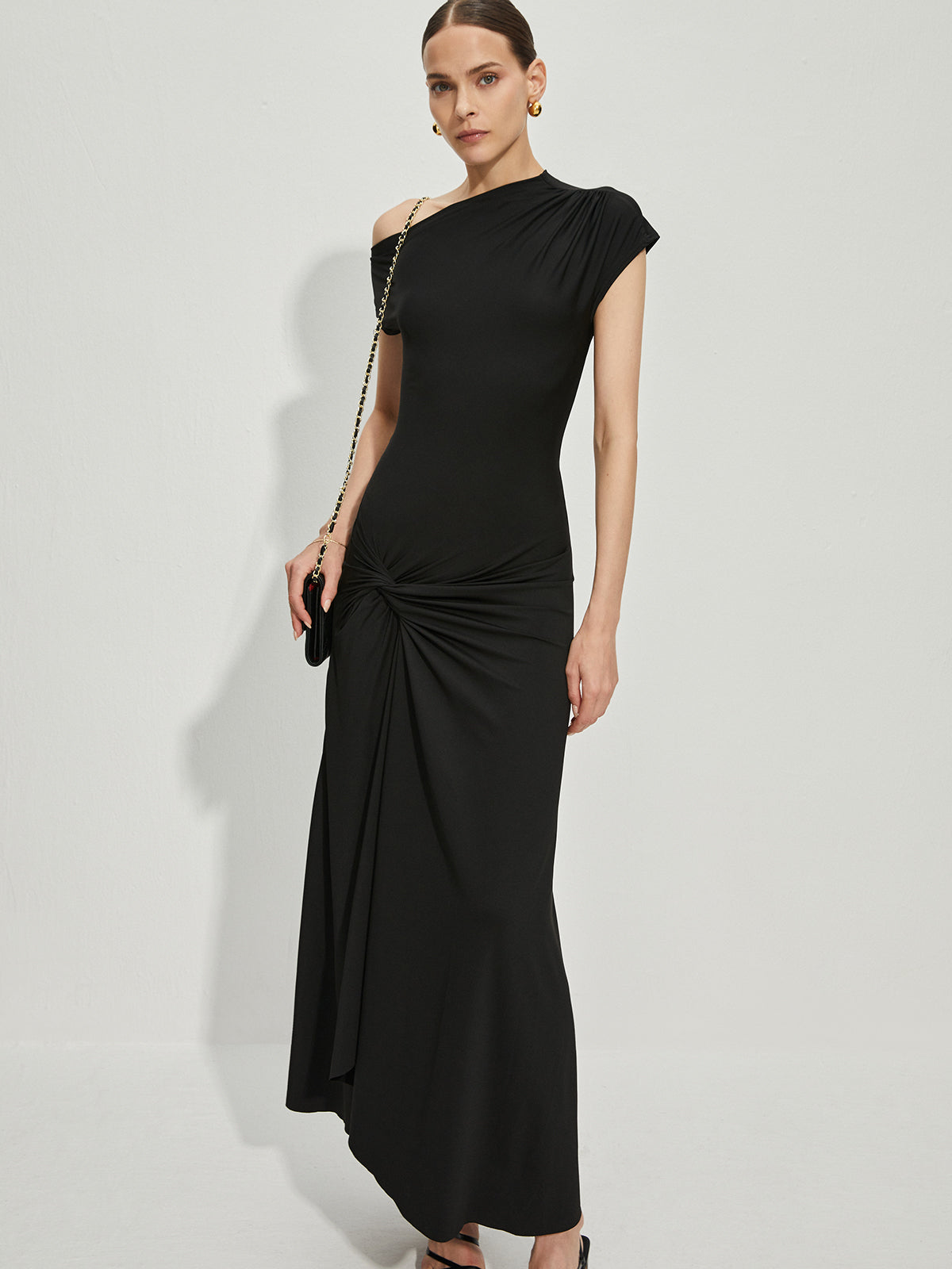 Asymmetric Collar Front Slit Long Dress
